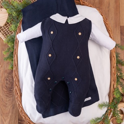 Saída de Maternidade Losango com Botões Madeira - Marinho